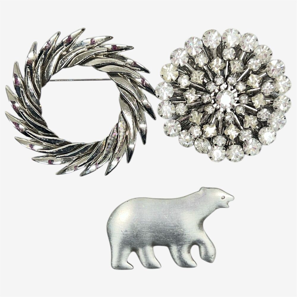 Vtg pins lot 3 pewter bear, wreath, rhinestones silvertone